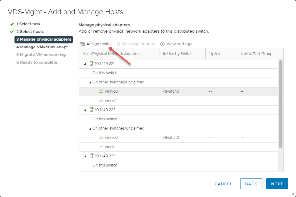 Assign uplinks to the vDS