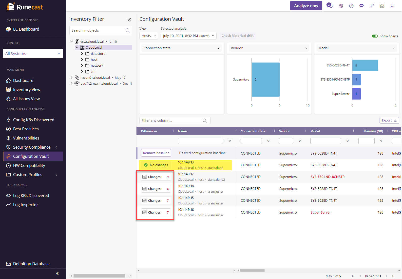 Changes noted between the selected ESXi host and other hosts in the environment