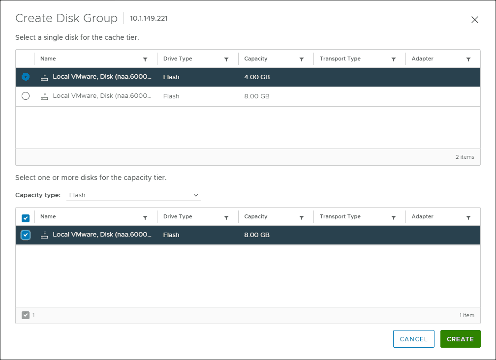 Choose cache and capacity disks