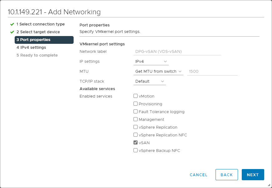 Choose vSAN for services enabled