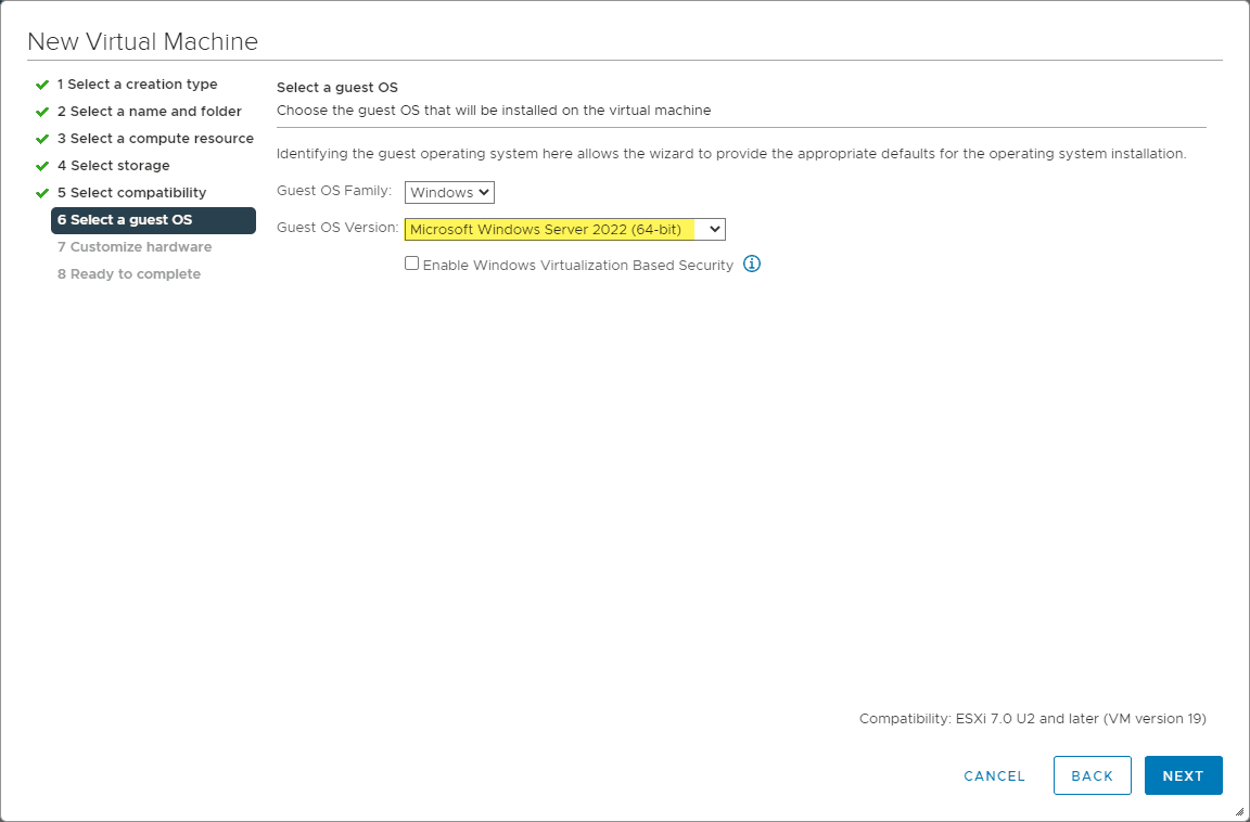 Choosing Windows Server 2022 as the guest operating system version