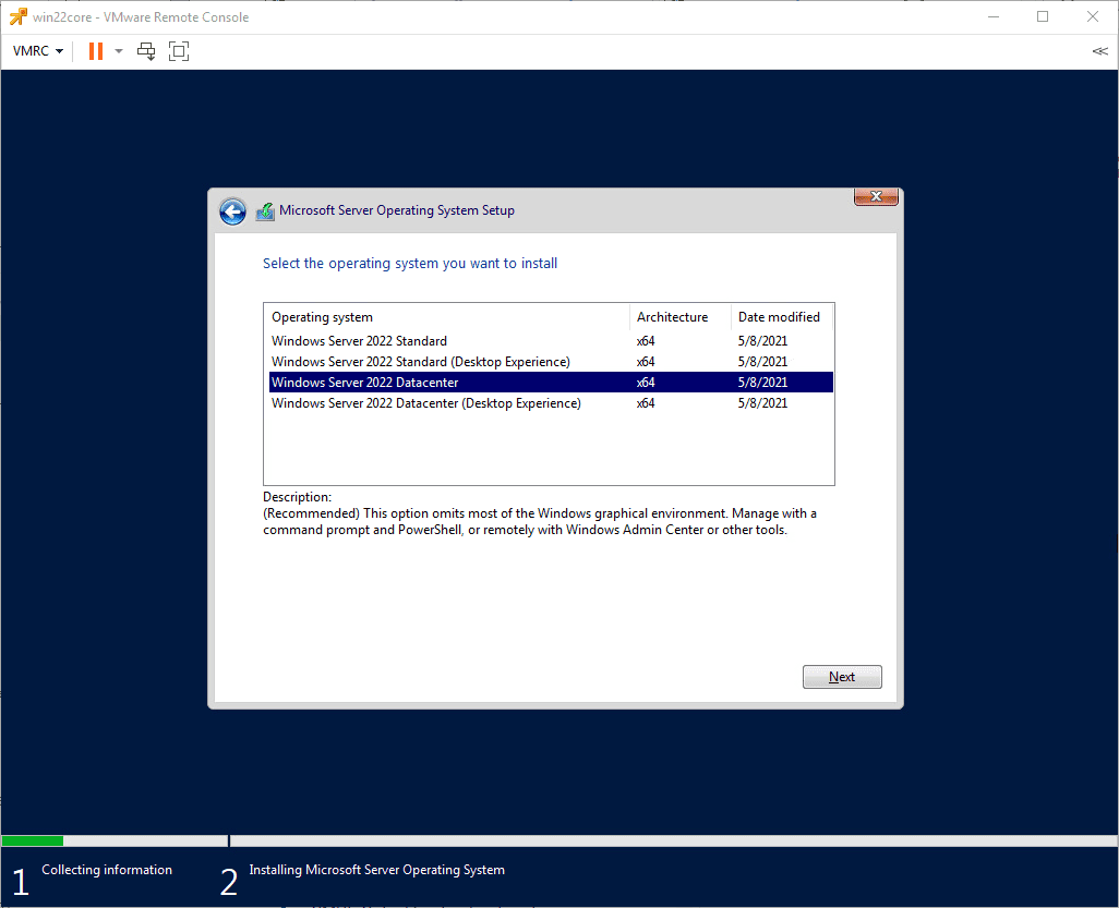 Choosing the Windows Server 2022 core installation