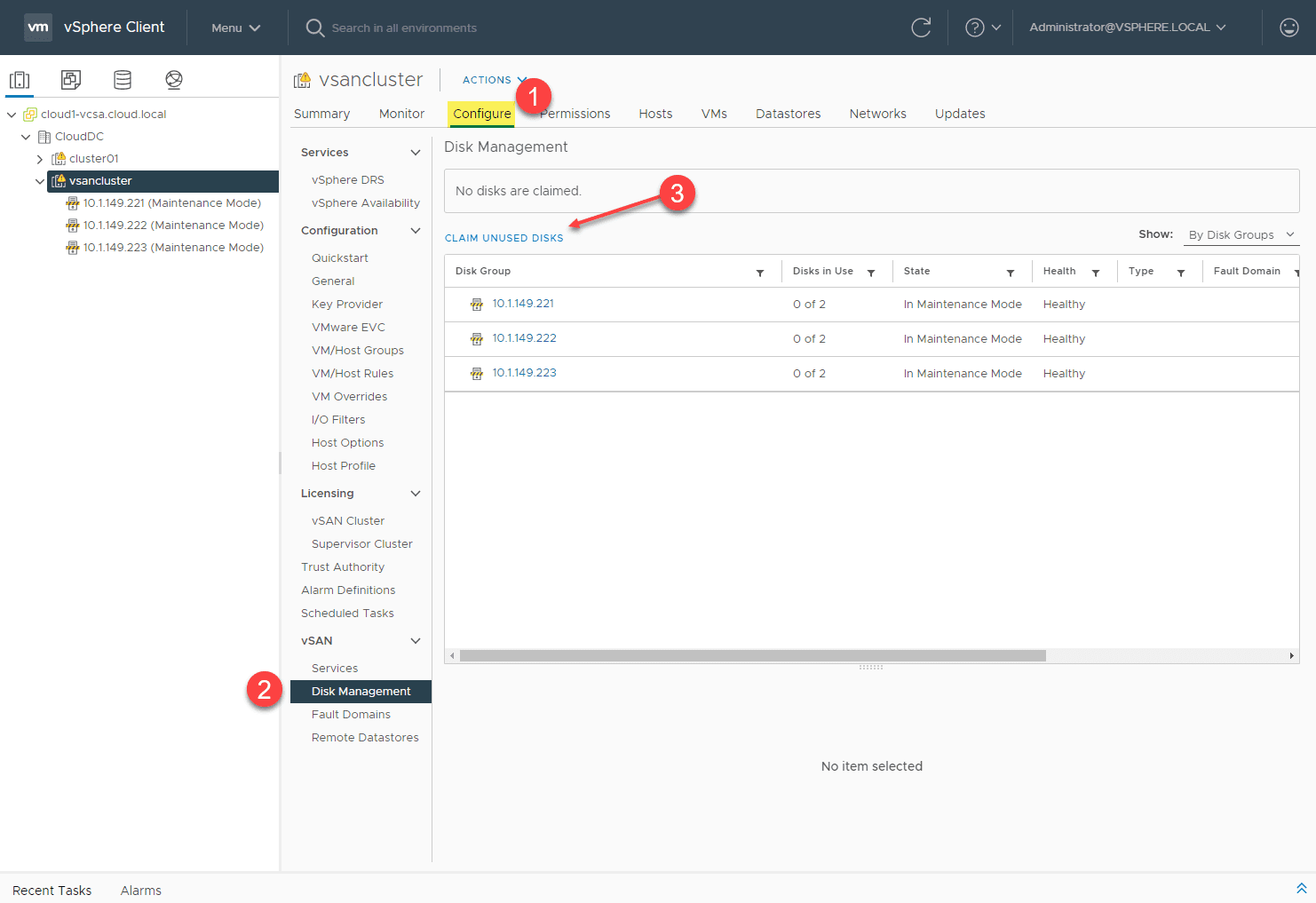 Claim unused disks to create the vSAN disk group