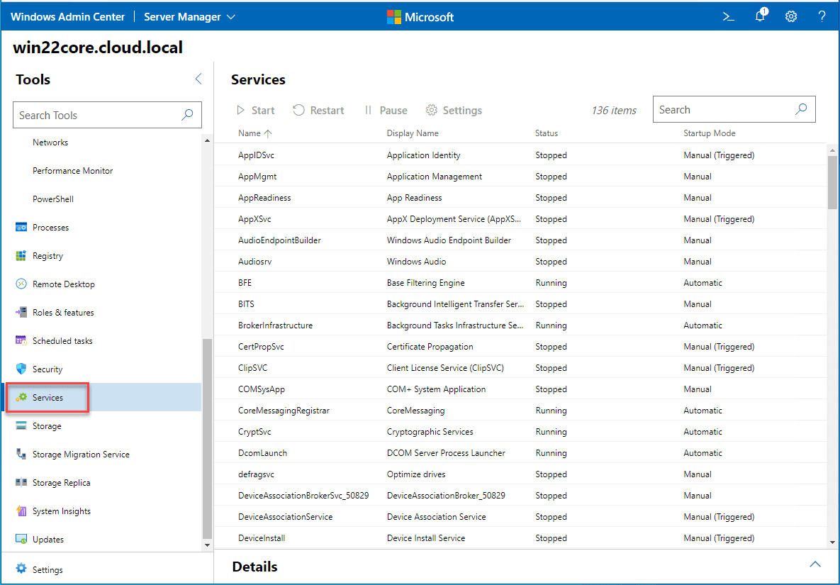 Configure Windows Server 2022 services with Windows Admin Center