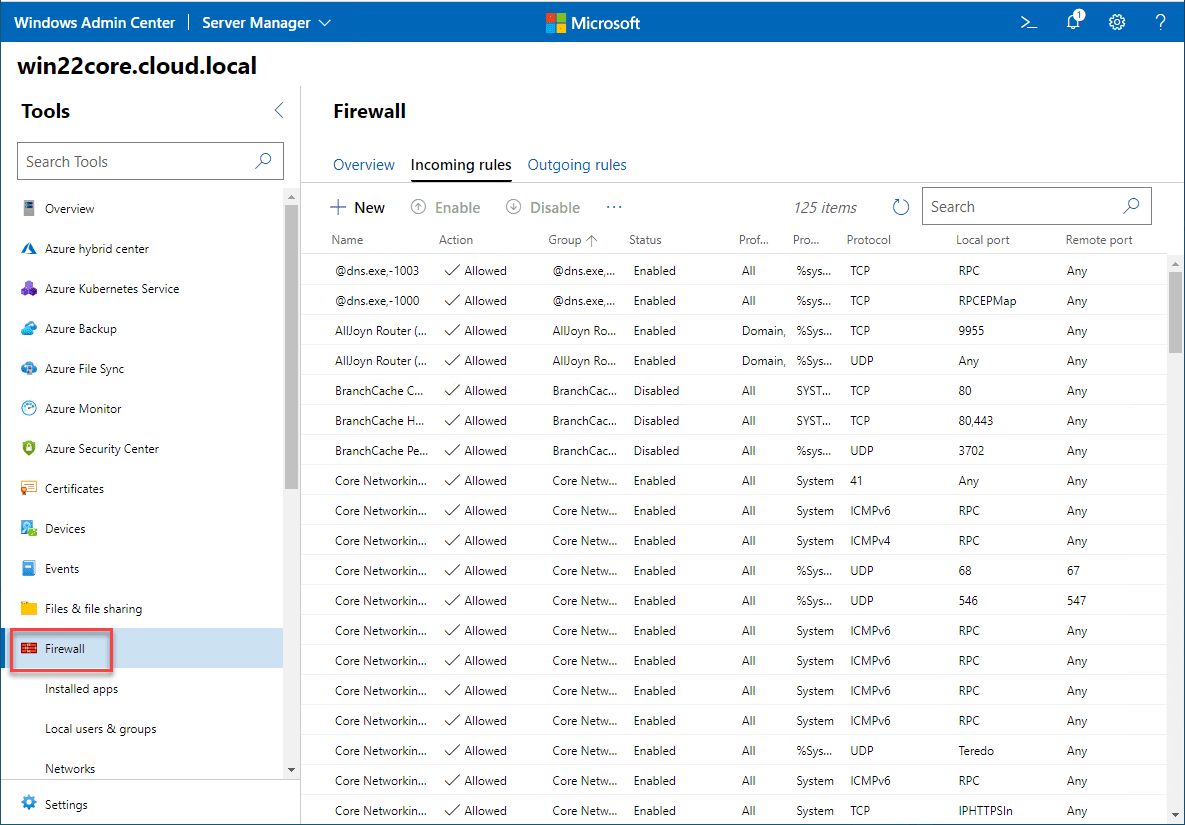 Configuring the Windows Firewall for Windows Server 2022 Core with Windows Admin Center