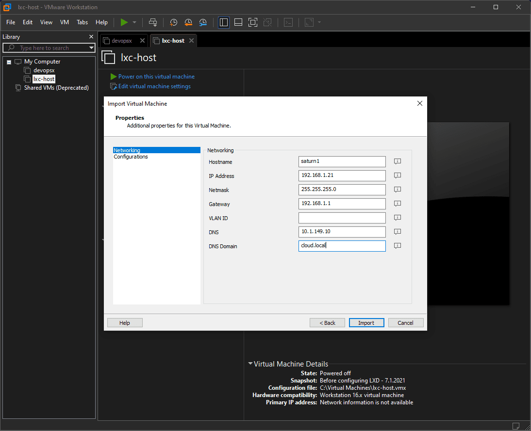 Configuring the network and configuration using the template configuration