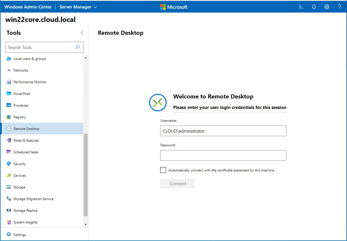 Connect to Windows Server 2022 Core remote desktop