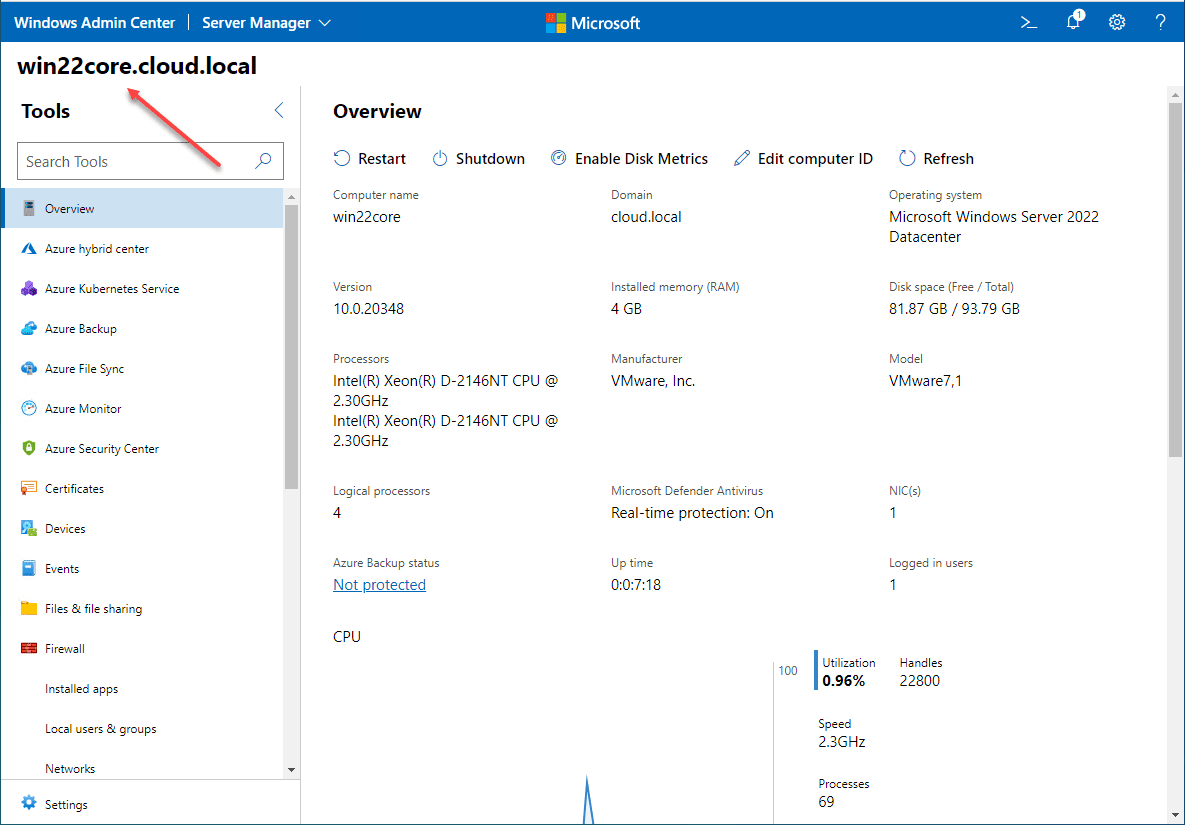 Connected to Windows Server 2022 Core with Windows Admin Center