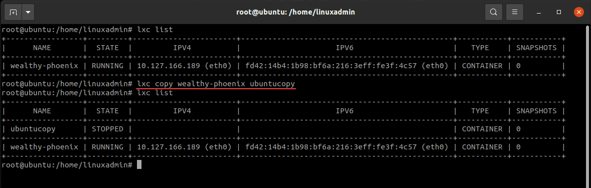 Copying a container to a new container