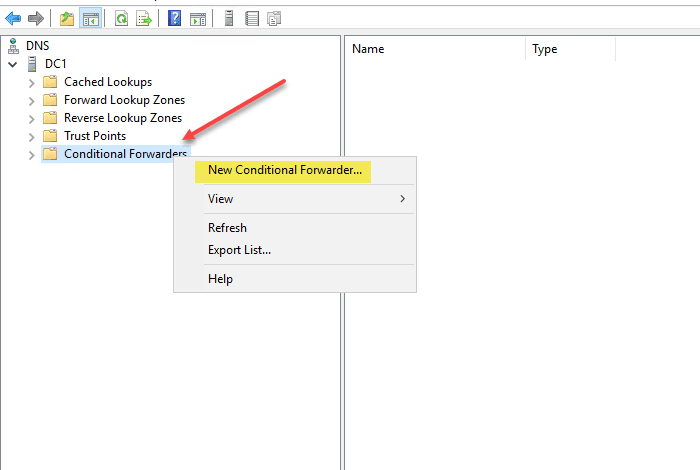 Creating a new conditional forwarder in Microsoft DNS server