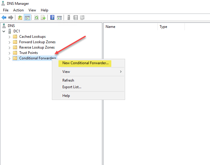 Creating a new conditional forwarder in Microsoft DNS server