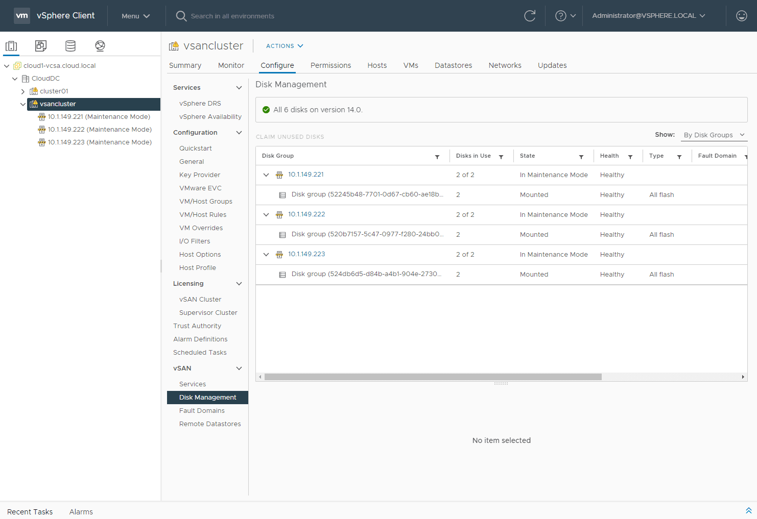 Disk groups ready and healthy on all three VMware Workstation ESXi hosts