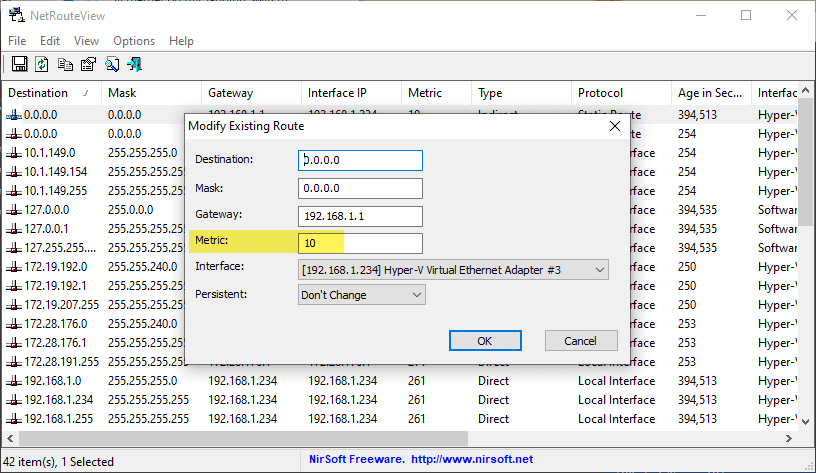 Editing route metric with netrouteview