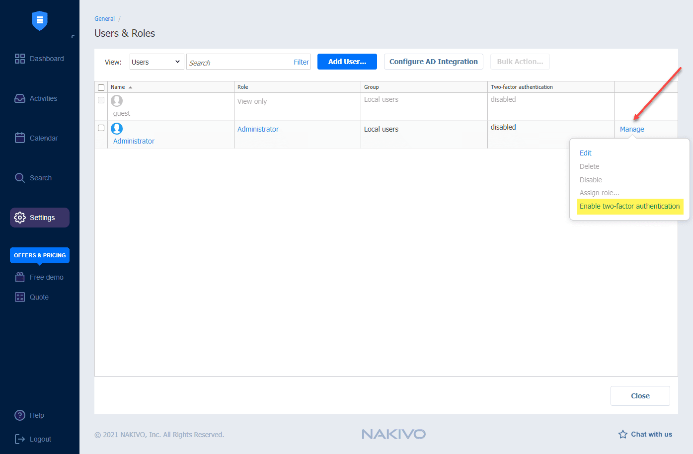 Enabling two factor authentication for an account in NAKIVO beta v10.4