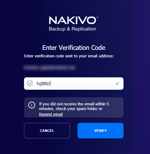 Entering the verification code received through email