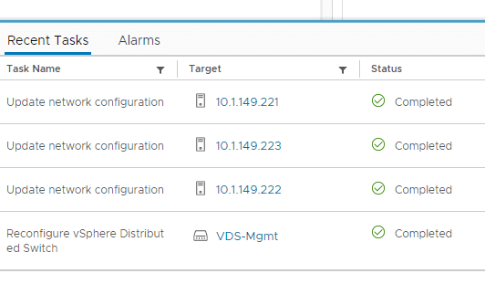 Host configuration is updated adding the hosts to the vDS