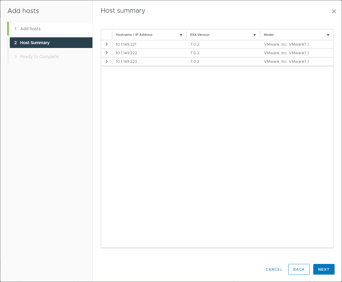 Host summary screen