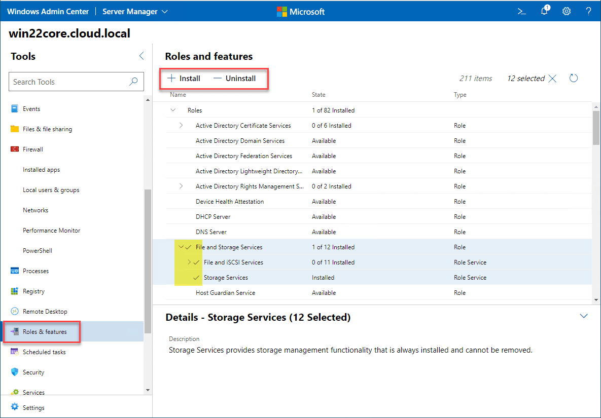 Installing roles and features on Windows Server 2022 remotely