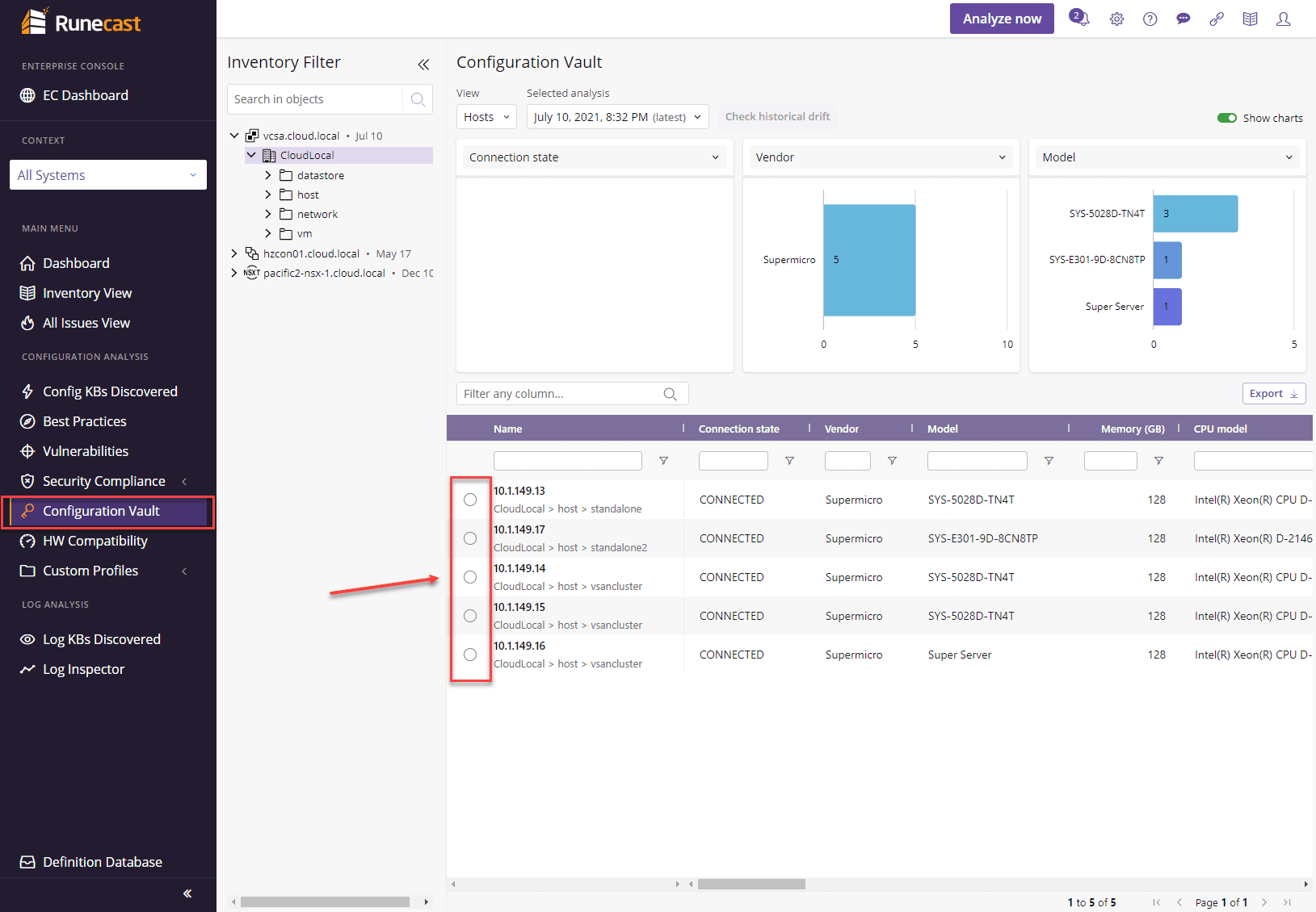 Launching config vault and comparing ESXi hosts