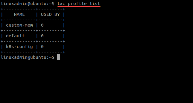 Listing your LXC container profiles including your newly created Kubernetes profile