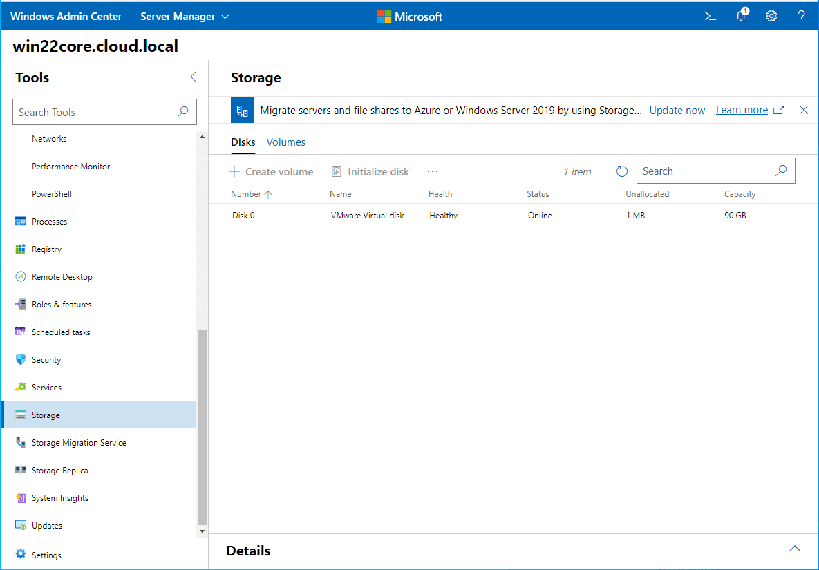 Manage Windows Server 2022 Core storage remotely with Windows Admin Center