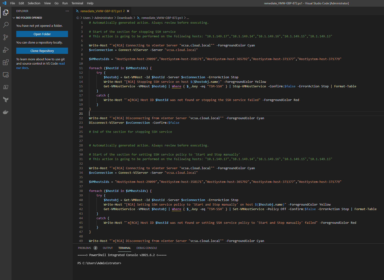 Opening the script inside of Visual Studio Code