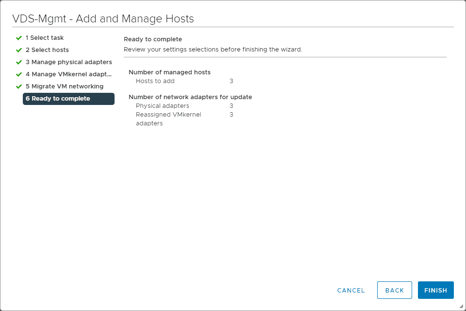 Ready to complete adding the hosts to the vDS for management