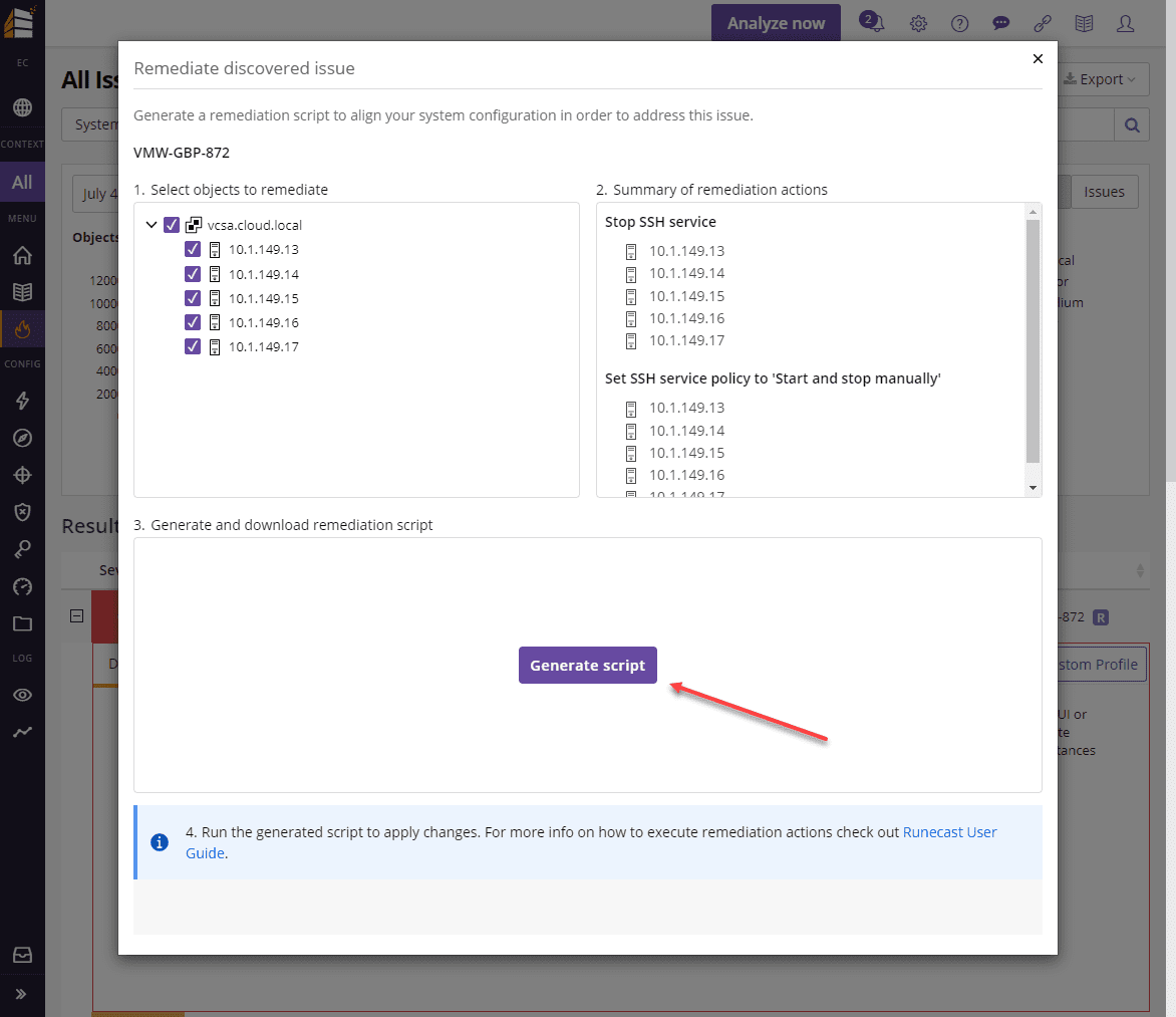 Remediate discovered issue dialog as part of the remediation process