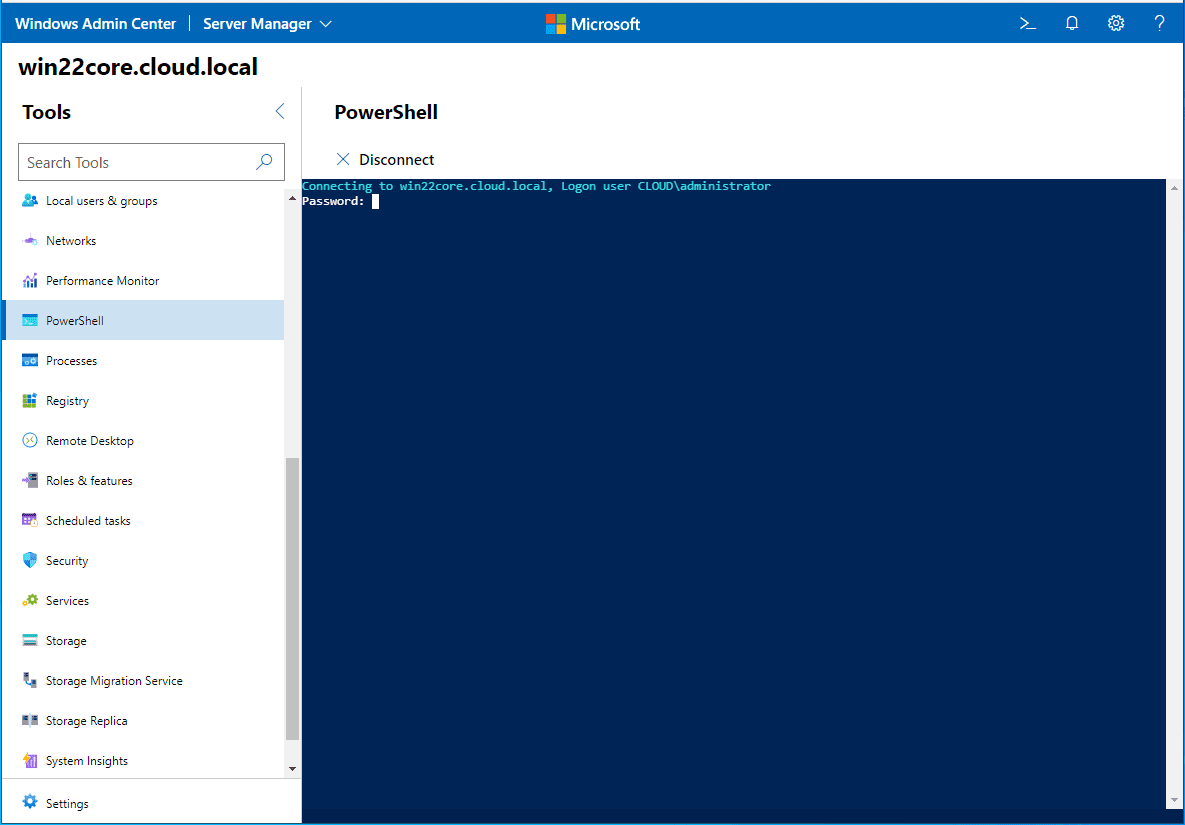 Run PowerShell on Windows Server 2022 Core drectly from Windows Admin Center