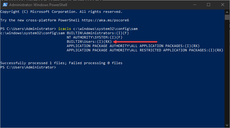 Running iCACLS command to check for the SeriousSAM and HiveNightmare vulnerability