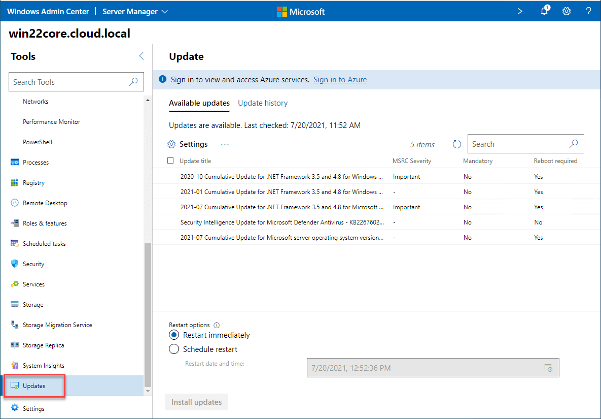 Scanning and installing Windows Updates on Windows Server 2022 Core using Windows Admin Center