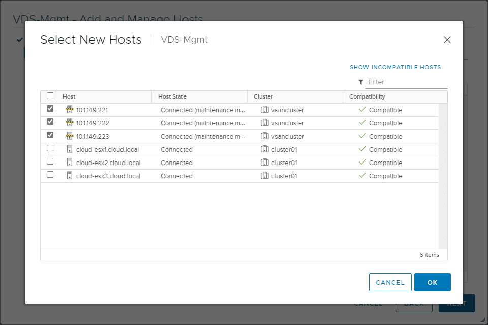 Select the hosts you want to add to the vDS