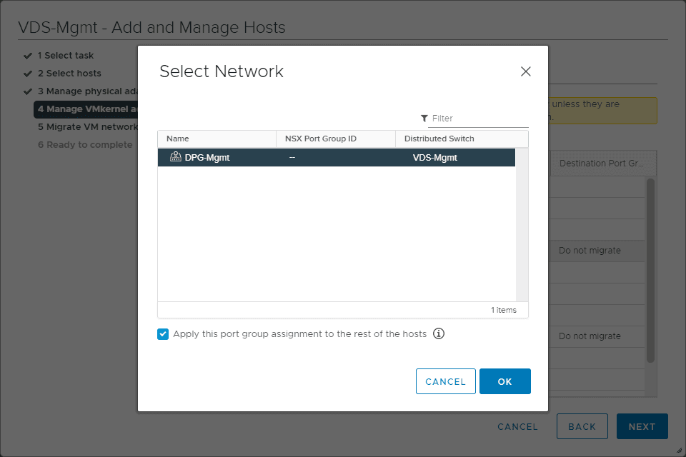 Select the port group and apply the configuration to all hosts