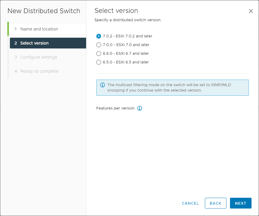 Select the version of vDS switch to create