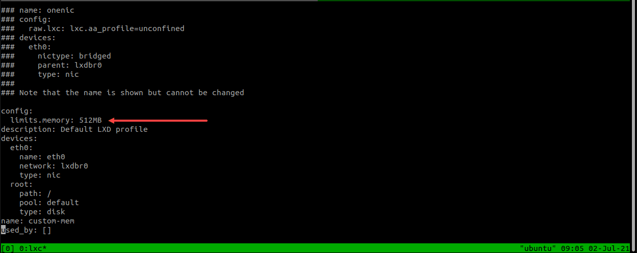 Setting a memory limit in a custom LXC profile