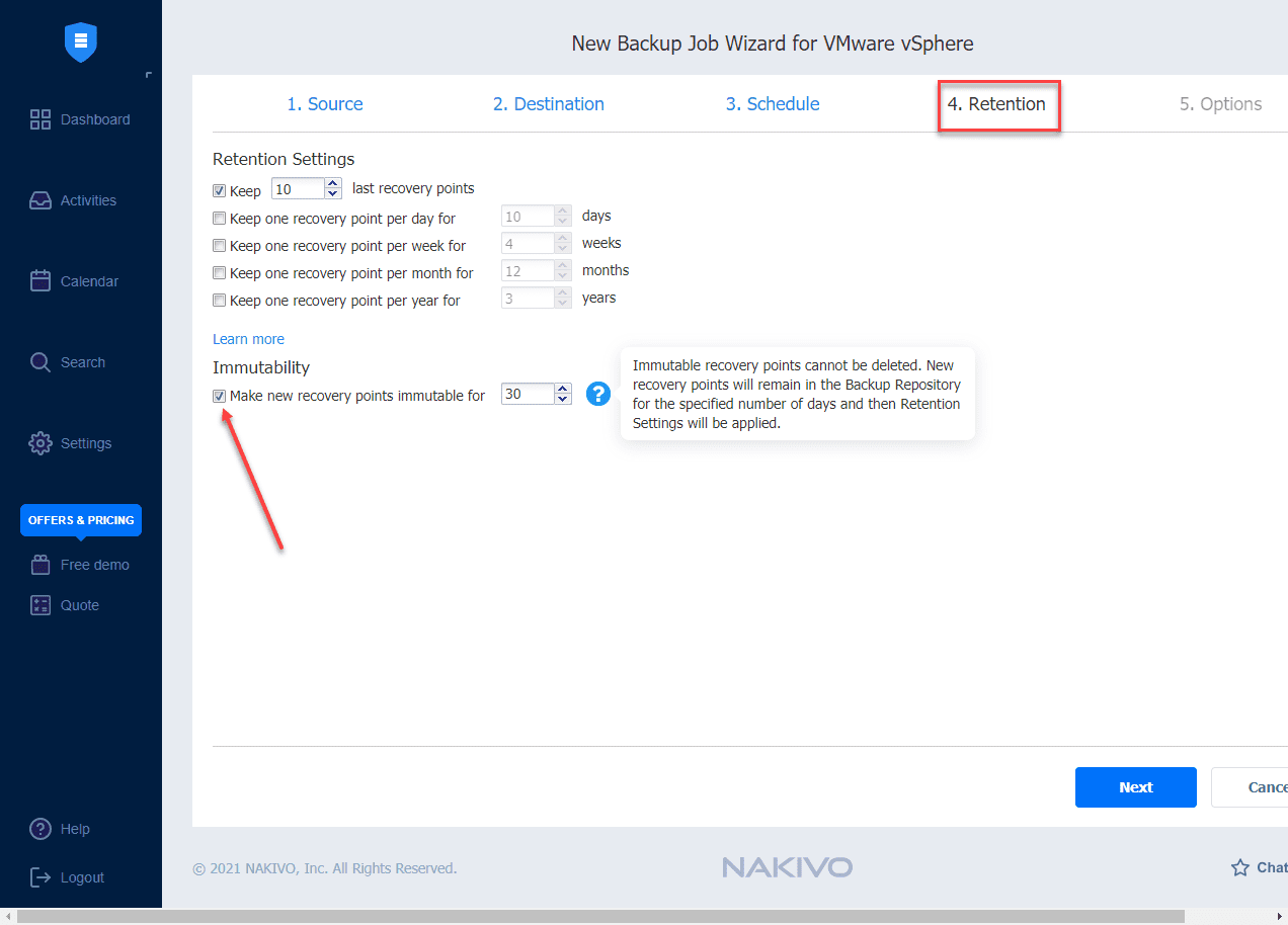 Setting the immutability flag on a backup in NAKIVO Backup and Replication v10.4