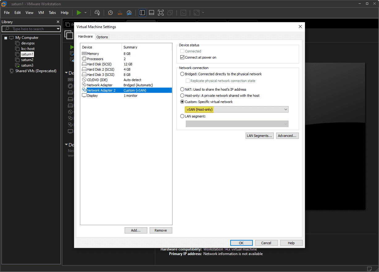 Setting the second network adapter of the ESXi hosts to the vSAN network