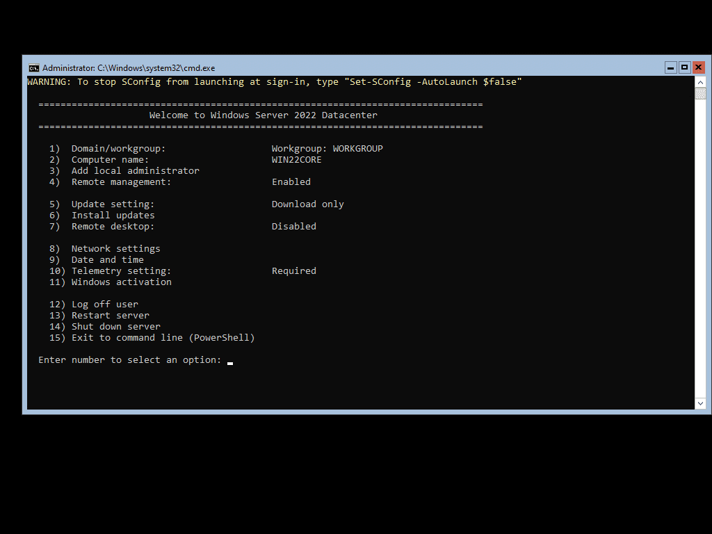 The familiar SConfig interface in Windows Server 2022 core