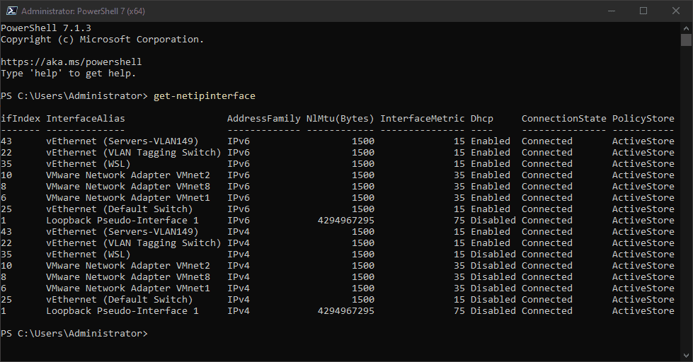 Using the GetNetIPInterface command to list out interfaces