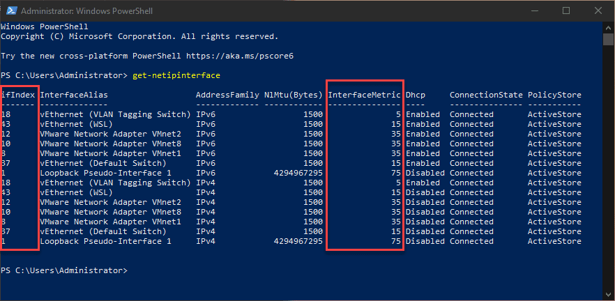 Using the get netipinterface command to view metrics