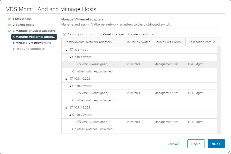 VMkernel adapter assigned to the new vDS