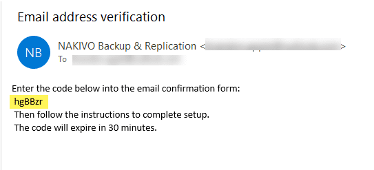 Verification code received via email