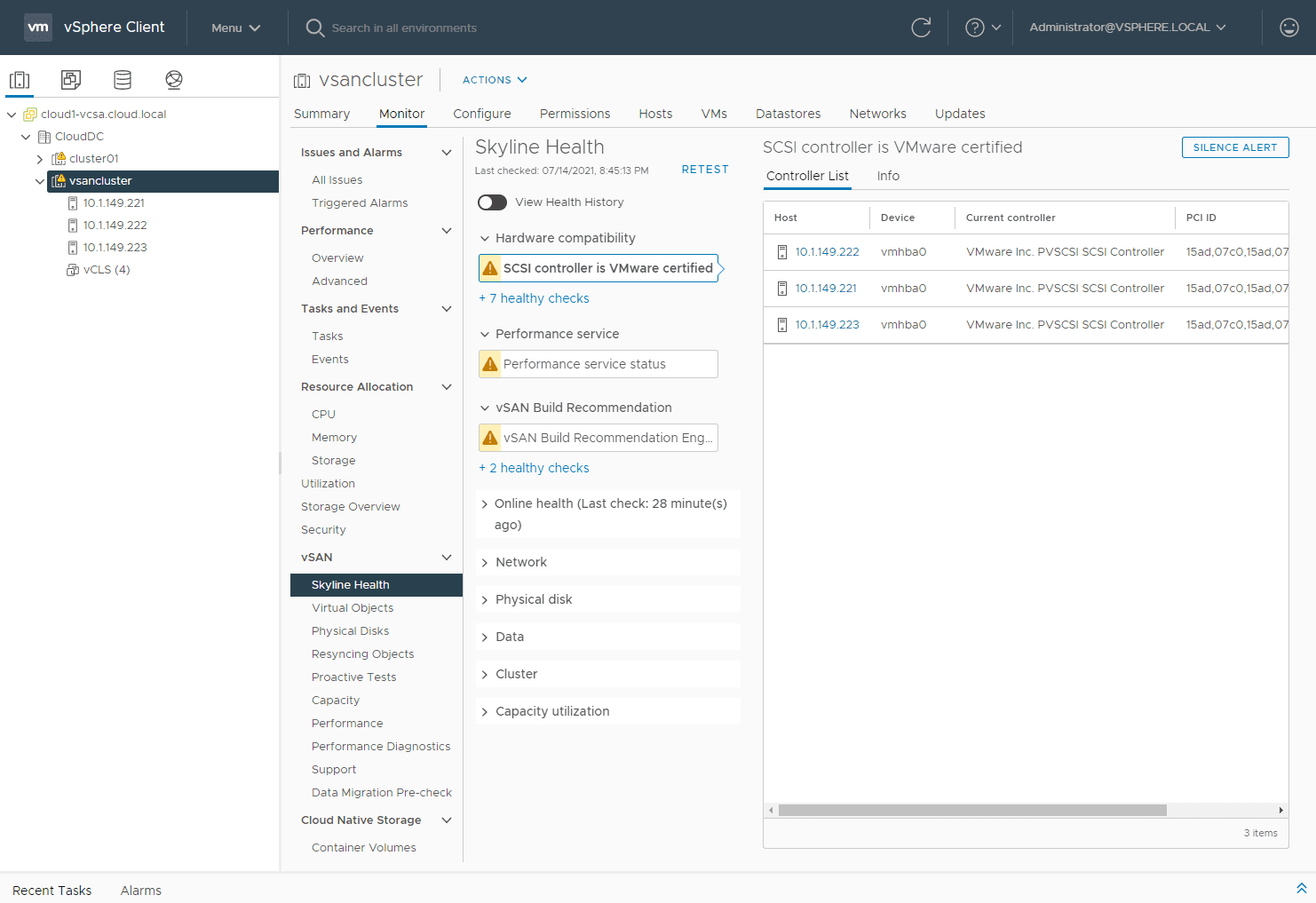 Viewing Skyline Health after creating the vSAN Cluster that exists in VMware Workstation