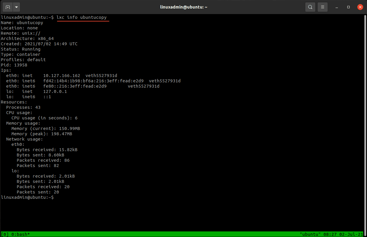 Viewing information about an LXC system container