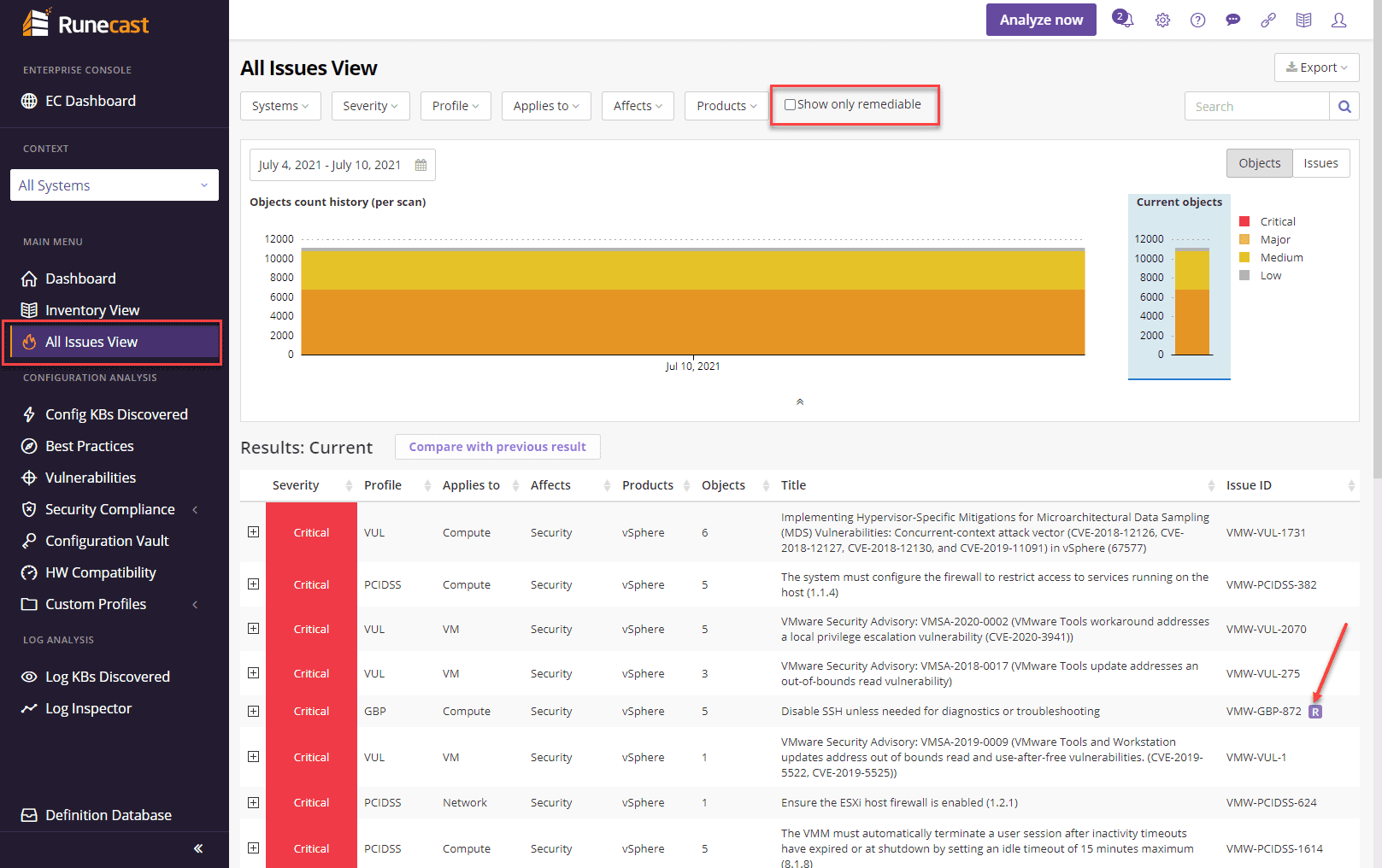 Viewing issues that are able to be remediated by the new remediation functionality in Runecast 5.1