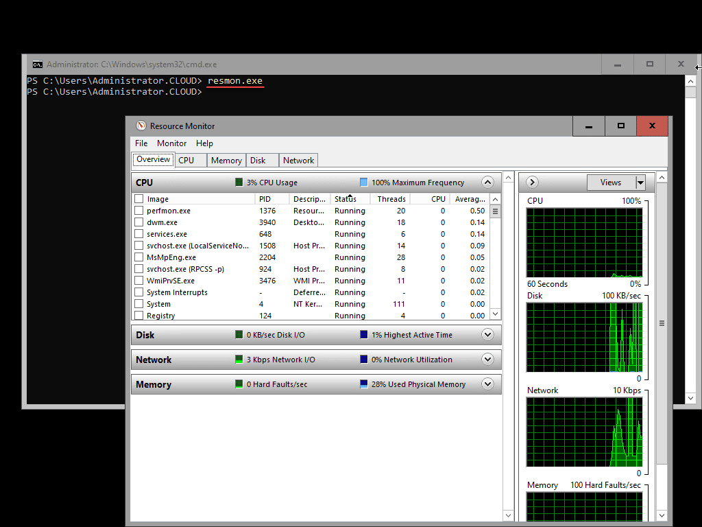 Viewing resource monitor on Windows Server 2022 Core