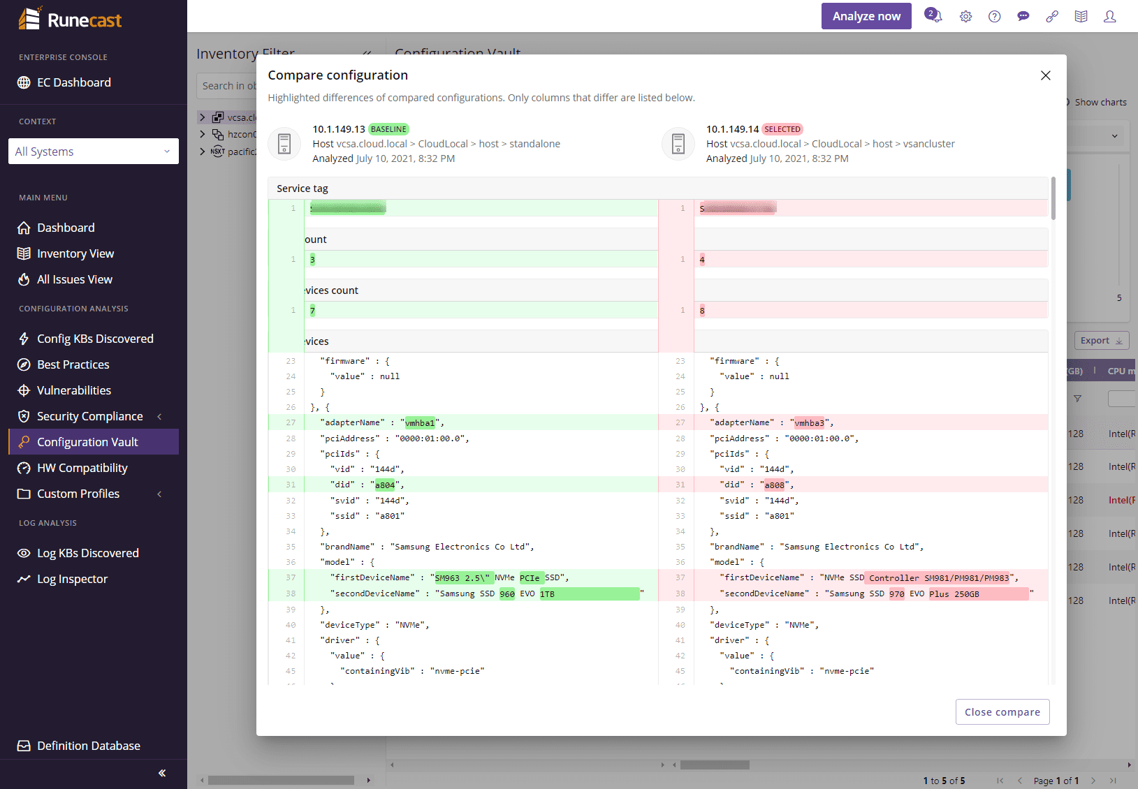 Viewing the details of differences between the selected host and another host in the environment