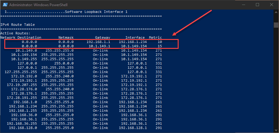 Viewing the route table in Windows 10