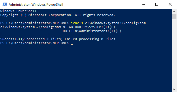 Windows Server 2019 iCACLS check of the SAM permissions