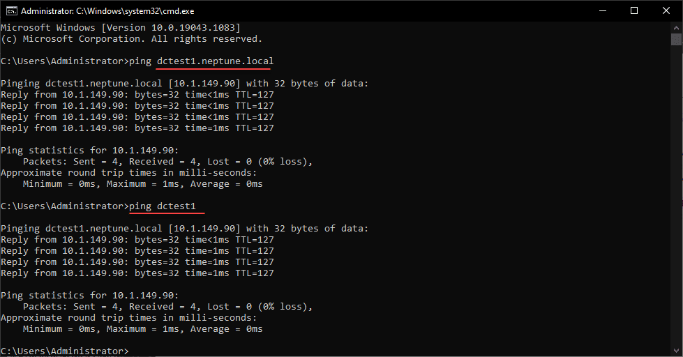 With DNS suffixes in place we can successfully ping short names with conditional forwarding